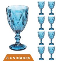 Conjunto 8 Copos Taça Azul Diamante 300ml Para Agua Vinho