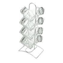 Conjunto 8 porta temperos de vidro com tampa hermética e suporte de metal cromado