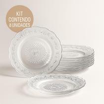 Conjunto 8 Pratos Fundos Vidro Transparente 22cm Elegante Resistente Design Clássico Relevo Mesa Posta Jantar Sobremesa