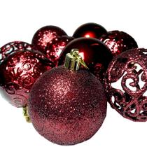 Conjunto 9 Bolas de Natal Luxo Vermelho Decoradas Glitter Brilho