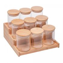 Conjunto 9 Porta Condimentos com Tampa e Suporte de Bambu 22,5x22x8,5cm Vidro Borossilicato - Wolff Conjunto 9 Porta Condimentos com Tampa e Suporte de Bambu 22,5x22x8,5cm Vidro Borossilicato - Wolff