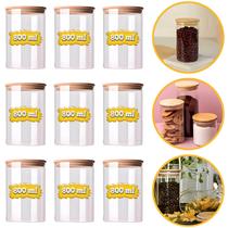 Conjunto 9 Potes 800ml Porta Mantimento Frasco De Vidro Herméticos Tampa de Bambu Natural