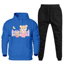 Conjunto Abrigo Moletom Canguru Com Capuz Feminino Plus Size Estampa Ursinho Calça Confortavel