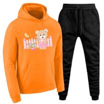 Conjunto Abrigo Moletom Canguru Com Capuz Feminino Plus Size Estampa Ursinho Calça Confortavel