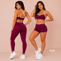 Conjunto Academia 3 Peças Vinho Premium Top Legging e Short Cintura Alta Alta Compressão Conjunto Academia 3 Peças Vinho Premium Top Legging e Short Cintura Alta Alta Compressão