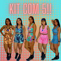 Conjunto academia kit com 5 peças moda fitness estampados short e top