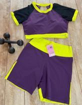 Conjunto Academia Top com Manga Curta e Shorts Cor Roxo,Preto e Amarelo Tamanho M Conjunto Academia Top com Manga Curta e Shorts Cor Roxo,Preto e Amarelo Tamanho M