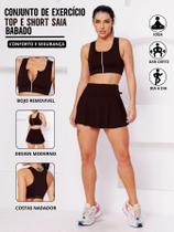 Conjunto Academia Top Com Ziper E Bojo E Short Saia Babado Sinta O Conforto E A Segurança