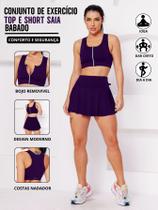 Conjunto Academia Top Com Ziper E Bojo E Short Saia Babado Sinta O Conforto E A Segurança