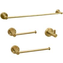 Conjunto Acessório Dourado Inox Escovado Kit Banheiro Lavabo Luxo Completo 4 Peças Porta Toalha Papeleira Gancho Cabide Toalheiro Suporte Parede