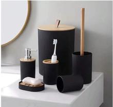 Conjunto Acessório Kit Completo Banheiro 6 Peças Tampa Bambu