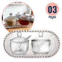 Conjunto Açucareiro Meleira e Travessa Borda Bolinha em Cristal Wolff