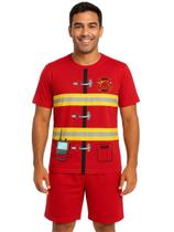 Conjunto Adulto Fantasia Temática Bombeiro Com Camiseta e Short