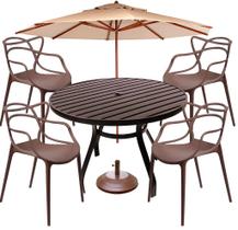 Conjunto Alegra 1 Mesa Ripada 1.20m Alumínio + 4 Cadeiras Alegra + Guarda-Sol para Área Externa Conjunto Alegra 1 Mesa Ripada 1.20m Alumínio + 4 Cadeiras Alegra + Guarda-Sol para Área Externa
