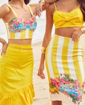 Conjunto Alfaiataria Cropped e Saia Midi Listras Brancas e Amarelas - P (36/38)