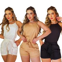 Conjunto Alfaiataria Feminino Casual Liso Short e Blusa Com Faixa Na Cintura