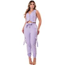 Conjunto Alfaiataria Feminino Moderno Blusa Fecho de Botão e Calça Bolsos Laterais Funcionais