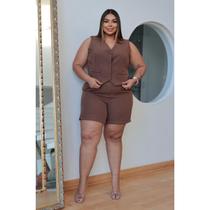 Conjunto Alfaiataria Feminino Plus Size Shorts Colete Cinto Premium