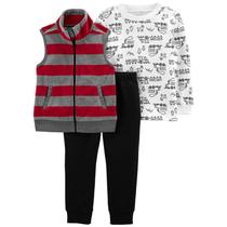 Conjunto Algodão Longo 3 Peças com Colete em Fleece Trenzinho - Carters