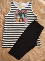 Conjunto algodão regata Kely Kety listrada branco e preto shorts de legging preto Conjunto algodão regata Kely Kety listrada branco e preto shorts de legging preto