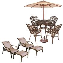 Conjunto Aluminio Fundido Jardim Viena Malbec 1 Mesa + 4 Cadeiras + Espreguiçadeiras + Guarda Sol