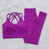 Conjunto Ana Ruga Texturizado Para Academia Calça Legging Cintura Alta e Top Alças Cruzadas Com Bojo