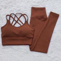 Conjunto Ana Ruga Texturizado Para Academia Calça Legging Cintura Alta e Top Alças Cruzadas Com Bojo
