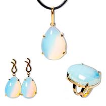 Conjunto Anel Brinco e Pingente Pedra Da Lua Opalina Dourado Conjunto Anel Brinco e Pingente Pedra Da Lua Opalina Dourado