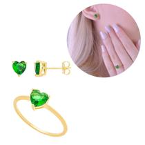 Conjunto Anel + Brinco Pedra Verde Ouro18k Prata925 Garantia Vitalícia