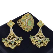 Conjunto Anel Brincos Verde Milk E Peridoto Cravejado Zirconias Banho Ouro 3684 3685