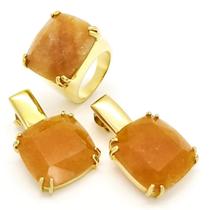 Conjunto Anel E Brincos Ágata Pêssego Banho Ouro 18k 1051 1056