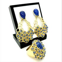Conjunto Anel E Brincos Cascata Dolomita Azul Banho Ouro 18k 1124 1125