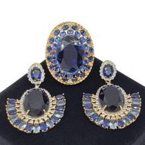 Conjunto Anel E Brincos Cristais Água Marinha Safira Cravejado Zirconias Banho Ouro 18k 3716 3717 Conjunto Anel E Brincos Cristais Água Marinha Safira Cravejado Zirconias Banho Ouro 18k 3716 3717