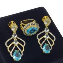 Conjunto Anel e Brincos Cristais Turmalina Azul Neon Banho Ouro 18k 3483 3494 Conjunto Anel e Brincos Cristais Turmalina Azul Neon Banho Ouro 18k 3483 3494