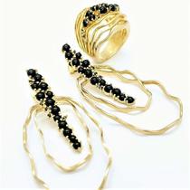 Conjunto Anel E Brincos Pedras Cravejado Zirconias Banho Ouro 18k 869 870