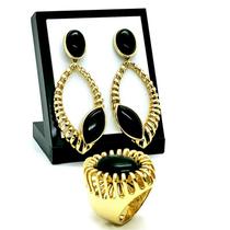 Conjunto Anel e Brincos Pedras Naturais Com Elipses Raiadas Banho Ouro 18k 802 803 Conjunto Anel e Brincos Pedras Naturais Com Elipses Raiadas Banho Ouro 18k 802 803
