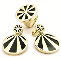 Conjunto Anel E Brincos Solare Ônix Banho Ouro 18k 806 807