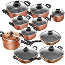 Conjunto Antiaderente Quadrado Frigideiras Caneco Panela de pressão Cobre 10 Peças Patolux