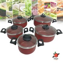 Conjunto Antiaderente Tampa de Vidro 5 Peças Jogo Elegante Vermelho Preto