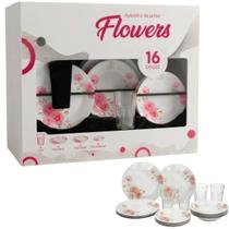 Conjunto Aparelho Jantar 16Pçs Porcelana Decorada Copo Prato COR:Rosa Conjunto Aparelho Jantar 16Pçs Porcelana Decorada Copo Prato COR:Rosa