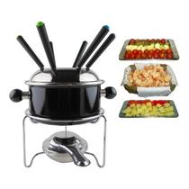 Conjunto Aparelho Para Fondue Panela Inox 10 Peças Kit Jogo Garfos Carne Chocolate Morango Queijo Queimador Caçarola