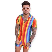 Conjunto Arco Iris Listrado Camisa + Short Pride Bandeira Lgbt