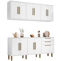 Conjunto Armário Aéreo e Balcão Lorena 11 Portas 2 Gavetas Branco Kaiki Móveis