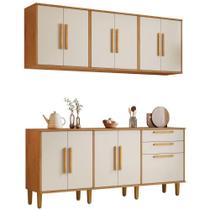 Conjunto Armário Aéreo e Balcão Lorena 11 Portas 2 Gavetas Nature Off Kaiki Móveis