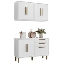 Conjunto Armário Aéreo e Balcão Lorena 7 Portas 2 Gavetas Branco Kaiki Móveis