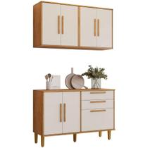 Conjunto Armário Aéreo e Balcão Lorena 7 Portas 2 Gavetas Nature Off Kaiki Móveis