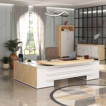 Conjunto Artany Mesa Presidente, Balcão com Gavetas e Armário com Nicho Cor Carvalho com Branco Conjunto Artany Mesa Presidente, Balcão com Gavetas e Armário com Nicho Cor Carvalho com Branco