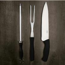 Conjunto Assador 3 Peças Mor Faca Churrasco Profissional Garfo Chaira em Aço, Cabos Ergonômicos