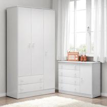 Conjunto Aurora Branco/Branco: Cômoda Sapateira Aurora + Guarda-Roupa Aurora 3 portas e 2 gavetas Conjunto Aurora Branco/Branco: Cômoda Sapateira Aurora + Guarda-Roupa Aurora 3 portas e 2 gavetas