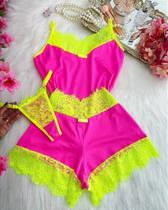 Conjunto Baby Doll Luxo Encanto com Calcinha Rosa Neon e Amarelo Conjunto Baby Doll Luxo Encanto com Calcinha Rosa Neon e Amarelo